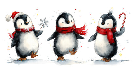 Cute watercolor penguins in winter accessories, hand-painted style, isolated on a transparent background. Ideal for holiday cards, seasonal decor, and festive design projects.
