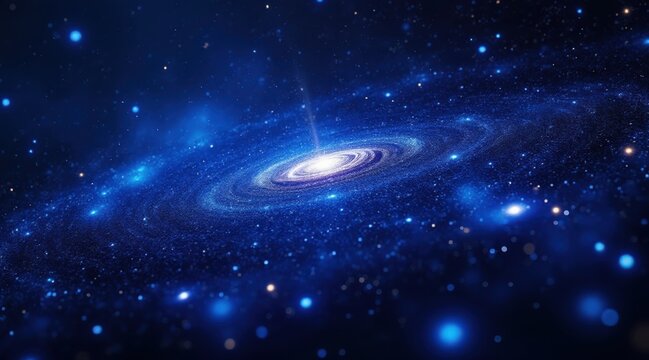 Blue spiral galaxy with bright center and starfield in deep space
