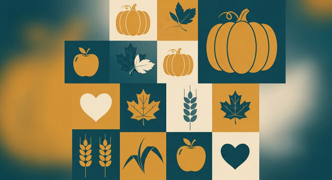 Geometric pattern with autumn elements: pumpkin, leaf, apple, wheat, heart, in yellow and green squares. Representing harvest, nature, and thanksgiving