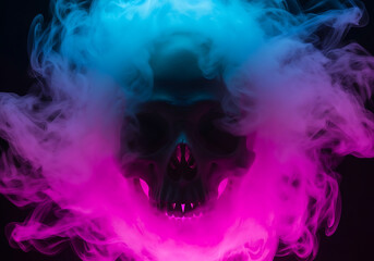 A skull shrouded in vibrant, swirling smoke, glowing with ethereal colors and set against a dark, mysterious background, creating a surreal and haunting atmosphere Illustration | Ethereal Horro