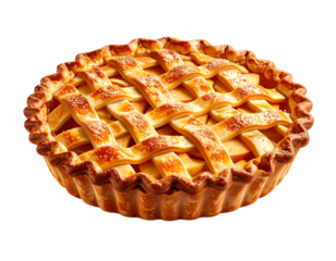 Golden lattice-topped fruit pie with crimped crust, isolated on black