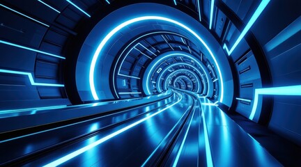 Futuristic blue glowing tunnel, high-speed data pathway