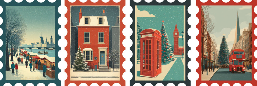 Vintage London Christmas stamp set with snowy city scenes, red bus, telephone box, and festive landmarks