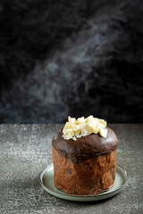 Gourmet Panettone with Dark Chocolate Glaze and White Chocolate Shavings on Dark Background