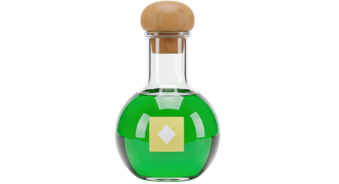 Isolated vintage bottle with green potion, closed with a wooden stopper for an elven elixir