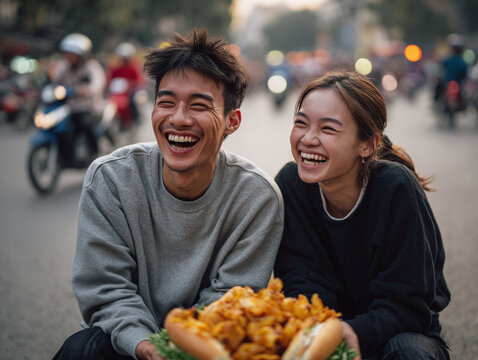 Joyful couple sharing laughter  local cuisine in a vibrant city street setting. Perfect for travel, food,  cultural themes. Captures happiness, connection,  adventure.