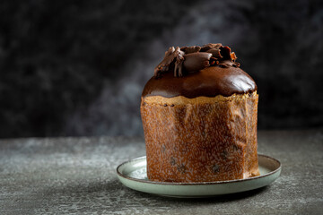 Gourmet Panettone with Chocolate Coating on a Dark Background