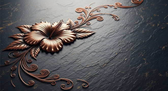 Close-up of metallic flower and foliage, accentuating elegant design on dark stone, reflecting beauty and sophistication for high-end product showcase