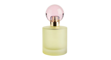 Isolated perfume bottle with light yellow base and pink top, scent and fragrance concept