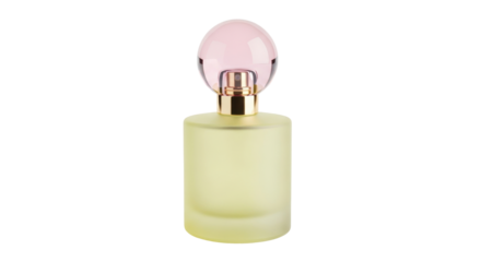 Isolated perfume bottle with light yellow base and pink top, scent and fragrance concept