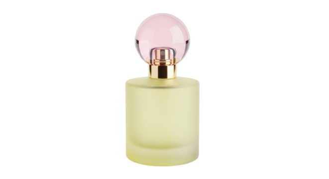 Isolated perfume bottle with light yellow base and pink top, scent and fragrance concept