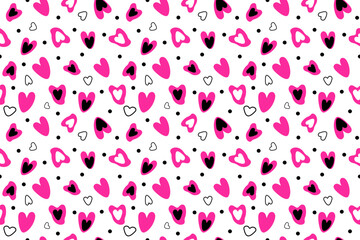 Playful, bold doodle seamless heart pattern featuring various cute hand drawn pink and black hearts scattered with confetti dots, ideal for girly textiles or funky digital paper.