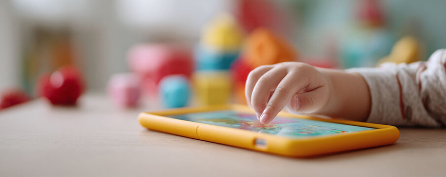 Closeup of a toddlers hand interacting with a digital tablet. Focus on early learning and development. Perfect for illustrating techsavvy childhood, play, or education.