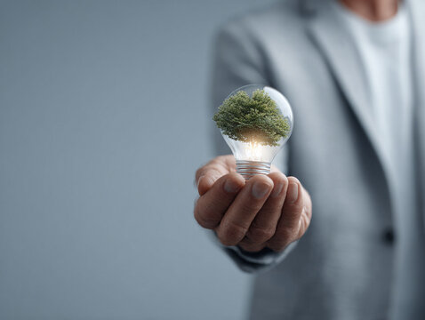 Hand holding a lightbulb containing a thriving tree, symbolizing innovation, growth, and ecoconsciousness. Concept for sustainability, green energy, and environmental awareness.
