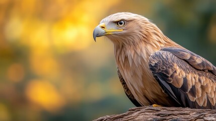 Fototapeta premium A majestic eagle perches gracefully on a tree branch, showcasing its striking feathers and intense gaze against a warm, blurred background, Ideal for nature-themed projects, wildlife conservation
