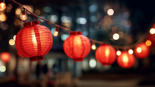 Red lantern night festival bokeh string light glow warmly city street celebration red lantern