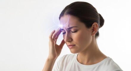 A woman with her eyes closed, holding her head in pain, against a white background.