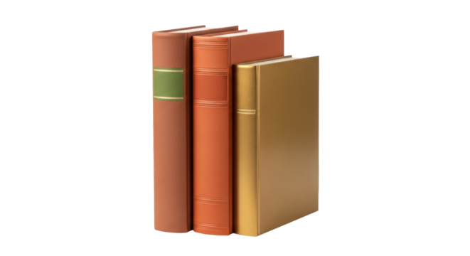Isolated books stand in upright row, stack of three volumes of classic leather-bound novels