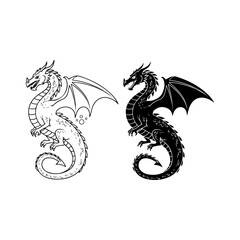Vector illustration of two fantasy dragons, one outline and one solid black, mythical winged creatures