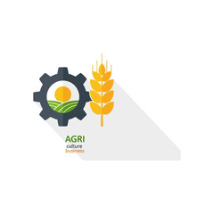 Fototapeta premium Agri culture business logo, gear symbol with sun and fields, golden wheat illustration, farming production icon