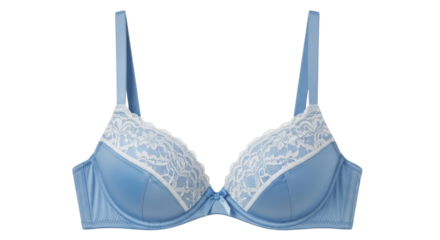 Isolated blue bra with white lace trim, stylish lingerie for women, on seamless backdrop