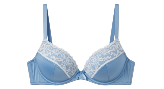 Isolated blue bra with white lace trim, stylish lingerie for women, on seamless backdrop