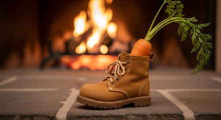 Obraz premium Childrens shoe and pepernoten for Sinterklaas and carrot for horse treat stands in front of hot fireplace. Celebration concept for children party in Saint Nicolas day five december.