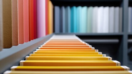 Obraz premium Set of stairs leading up to the top of a bookshelf. the stairs are made up of yellow and orange steps, with the top step being slightly higher than the bottom step.