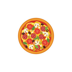 Delicious vector illustration of a whole pizza, top view, with various toppings, classic Italian food