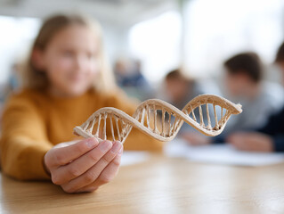 Student holds a DNA model, symbolizing learning, science, and discovery. Concept for education, genetics, biology, research, and innovation. Bright, optimistic.