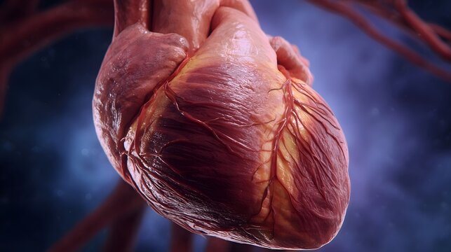 Detailed 3D rendering of a human heart showing intricate coronary arteries and veins against a dark abstract background
