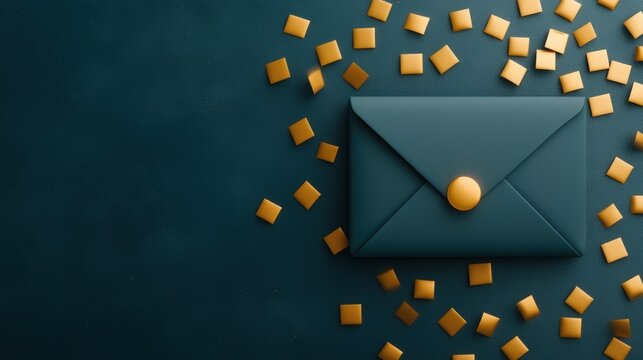 An elegant teal envelope sits centered against a dark background, surrounded by gold decorative squares, Ideal for invitations, announcements, or elegant stationery design,