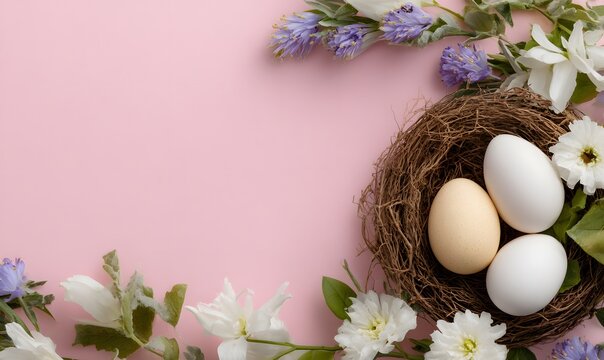 Easter background with Easter eggs and spring flowers.