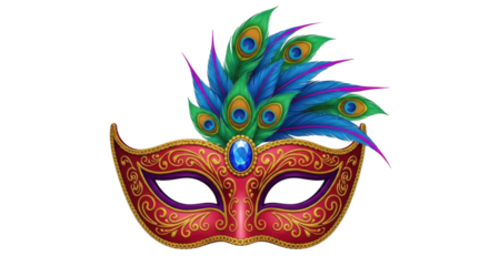 Isolated mask with purple edging and gold designs, peacock feather decoration for Mardi Gras