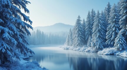 Winter wonderland scene with snow-covered trees and a tranquil lake.