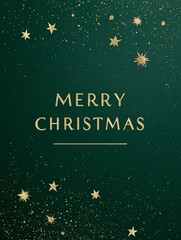 Minimalist Christmas card with gold stars and “Merry Christmas” text on a dark green textured background. Elegant and modern design for festive greetings or invitations.