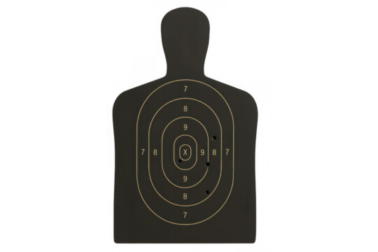 Shooting target with bullet holes showing accuracy and practice, aiming for bullseye, transparent background
