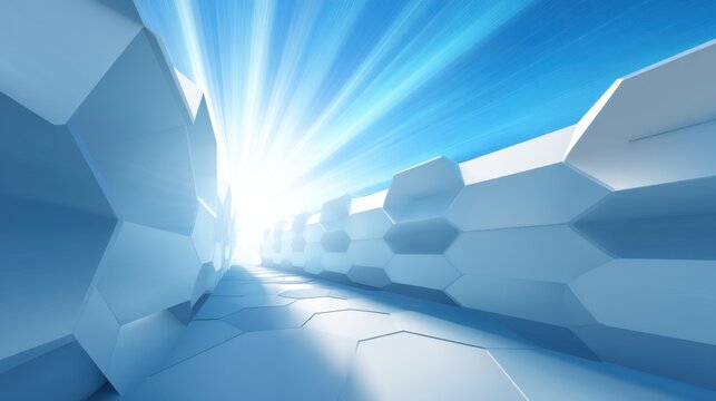 Abstract geometric landscape with blue tones and radiant light shining through a hexagonal wall structure creating a futuristic atmosphere