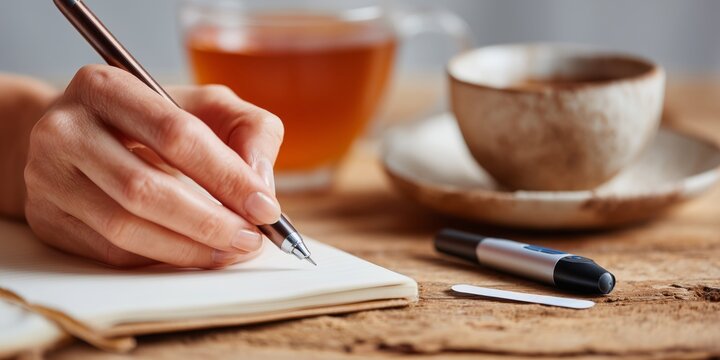 Close-up of a person writing notes in a notebook next to a glucometer and cup of tea. Concept of health monitoring, diabetes management, and daily routine tracking.