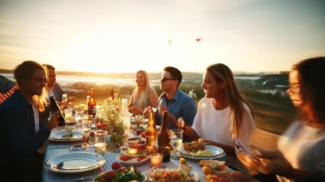 A diverse group of young adults enjoying a sunset dinner at a long table filled with food and drinks. The atmosphere is warm and inviting.