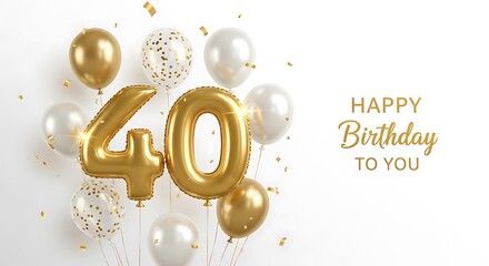 Happy 40th birthday celebration with gold balloons and confetti
