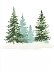 Obraz premium Minimalist winter card with watercolor pine trees and soft snow. Scandinavian-style illustration with calm tones and white space, perfect for Christmas or seasonal greeting designs.
