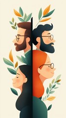 A colorful illustration of diverse individuals with plants, symbolizing growth, connection, and harmony, Ideal for wellness, collaboration themes, and modern lifestyle content,