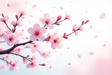 Elegant pink cherry blossoms bloom on branch with soft petals