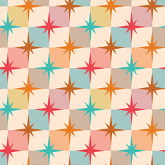 Checkered Mid Century Atomic Starbursts on pastel colorful Checkerboards seamless pattern. For wallpaper, home d&eacute;cor, stationery and fabric