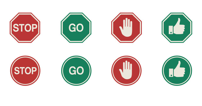 Stop and go red and green signs, text, hand, and thumbs up icons.