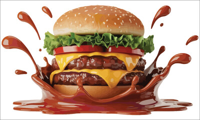 Double Cheeseburger with Lettuce Tomato and Sauce Splash on White Background double burger beef