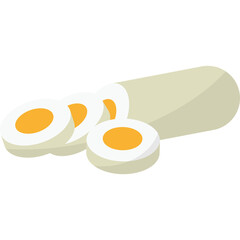 A light grey cylindrical food item sliced revealing a white outer ring and a bright yellow center against a transparent background