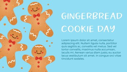 Gingerbread Cookie Day Banner. Gingerbread man on blue background with basic text. Food or winter holidays theme for web banner or leaflet. Vector illustration.