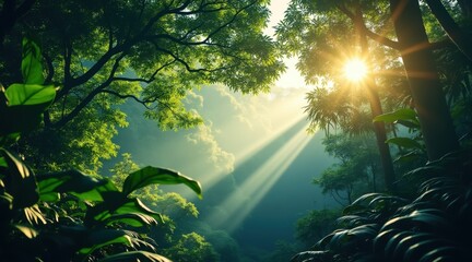 Golden sun rays pierce vibrant green jungle canopy at sunrise